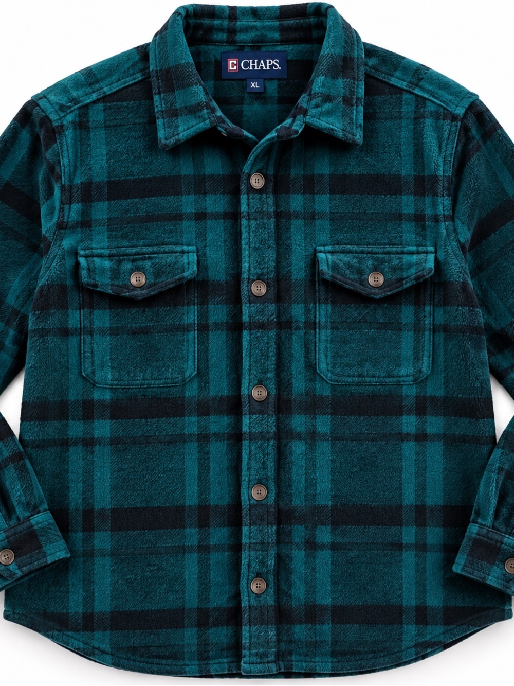 CHAPS Men’s XL Teal Green Black Plaid Fleece Shacket